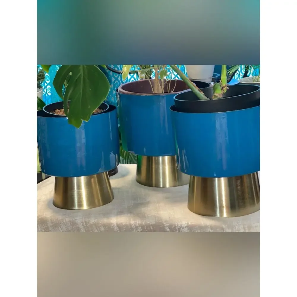 CosmoLiving NEW Blue & Gold Metal Planter 3/SET Modern Home Decor Indoor/Outdoor